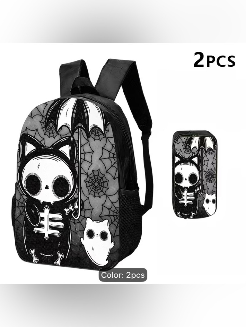Amazon Black Gothic Skeleton Cat Kids Backpack and Pencil Case Set